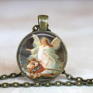 Guardian Angel Pendant Necklace – Vintage Angel Protecting Children Jewelry – Free Gift Box Included image 2