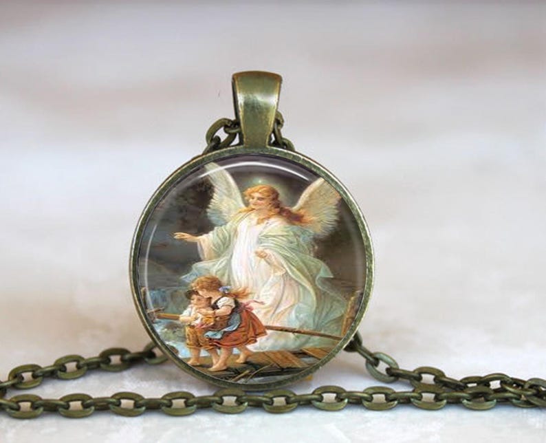 Guardian Angel Pendant Necklace – Vintage Angel Protecting Children Jewelry – Free Gift Box Included image 2