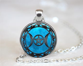 Triple Moon Goddess Pendant: Wicca Pentagram Necklace, Occult Jewelry
