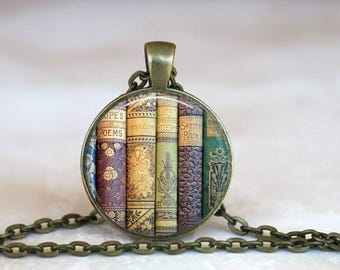 Antique Bookshelf Pendant Necklace, Librarian Teacher Gift