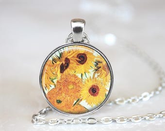 Van Gogh Sunflowers Pendant Necklace • Vintage Floral Art Jewelry (27mm)