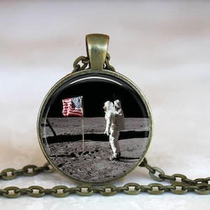 Astronaut Pendant, Astronaut Necklace, Astronaut Jewelry, Astronaut Salutes Flag on Moon Necklace, Astronaut Key Chain