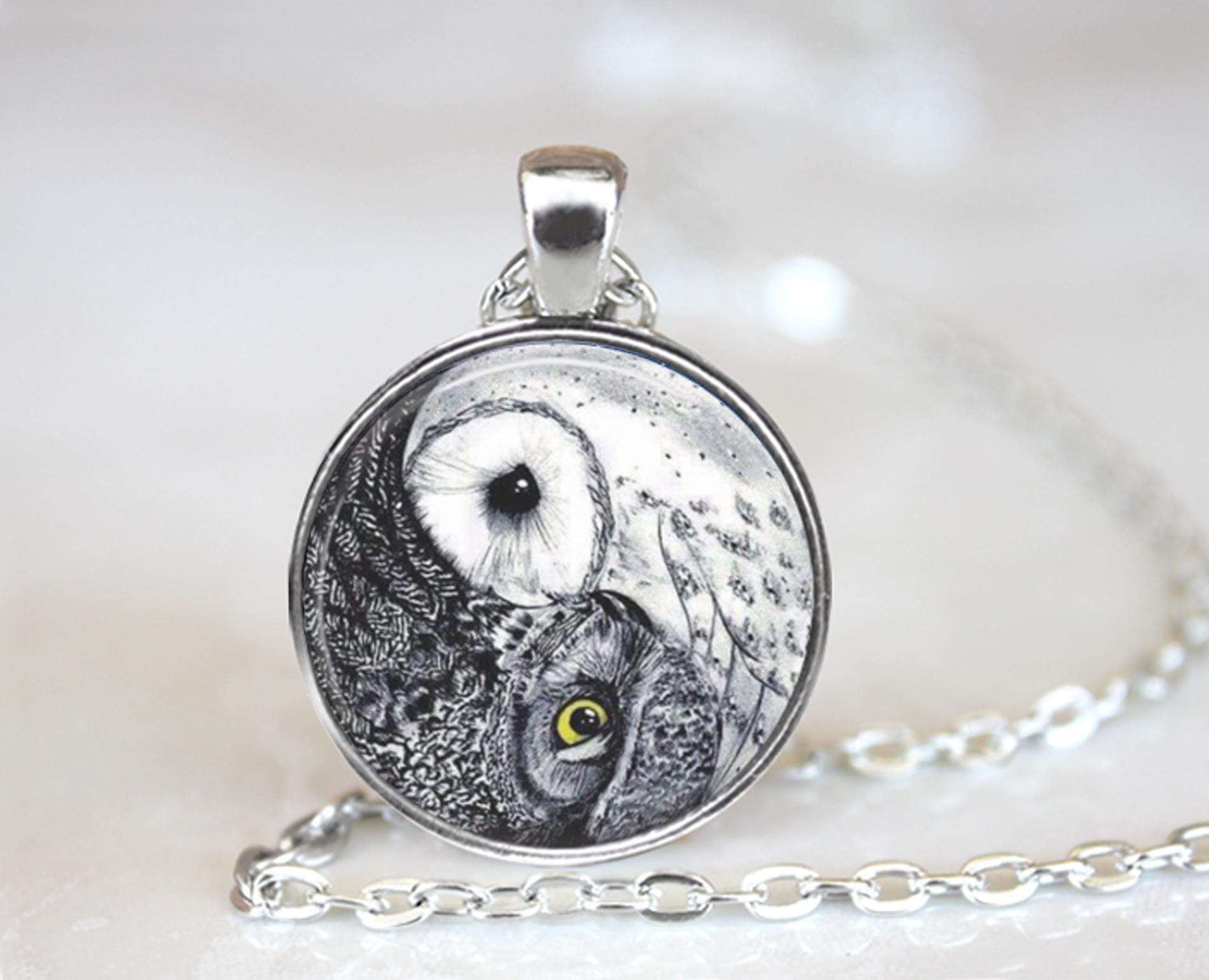 Owl Yin Yang Pendant Necklace &ndash; Black White Art, Symbolism Jewelry (25mm)