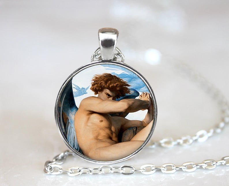 Fallen Angel Necklace, Alexandre Cabanel Art Glass Pendant, French Academicism Jewelry image 1