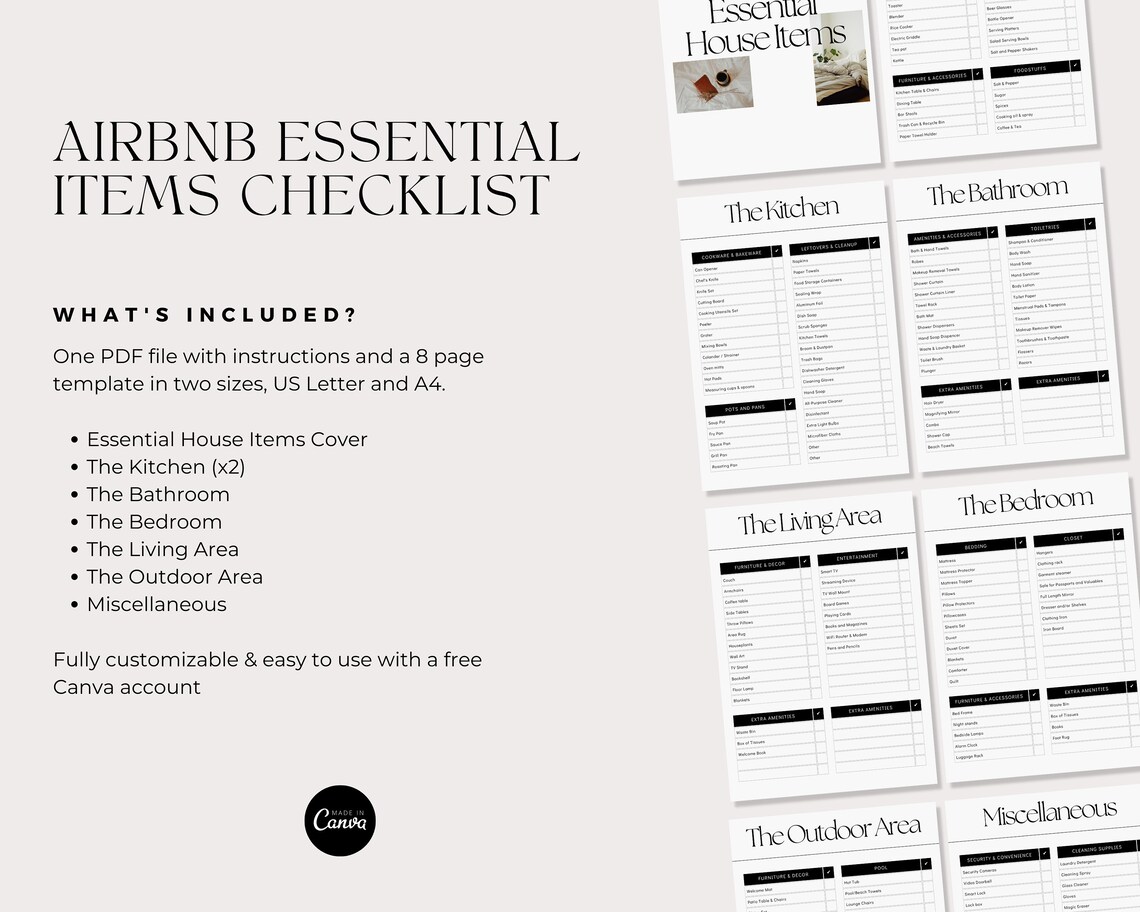 Airbnb Essential Items Checklist Canva Template, VRBO, Super Host