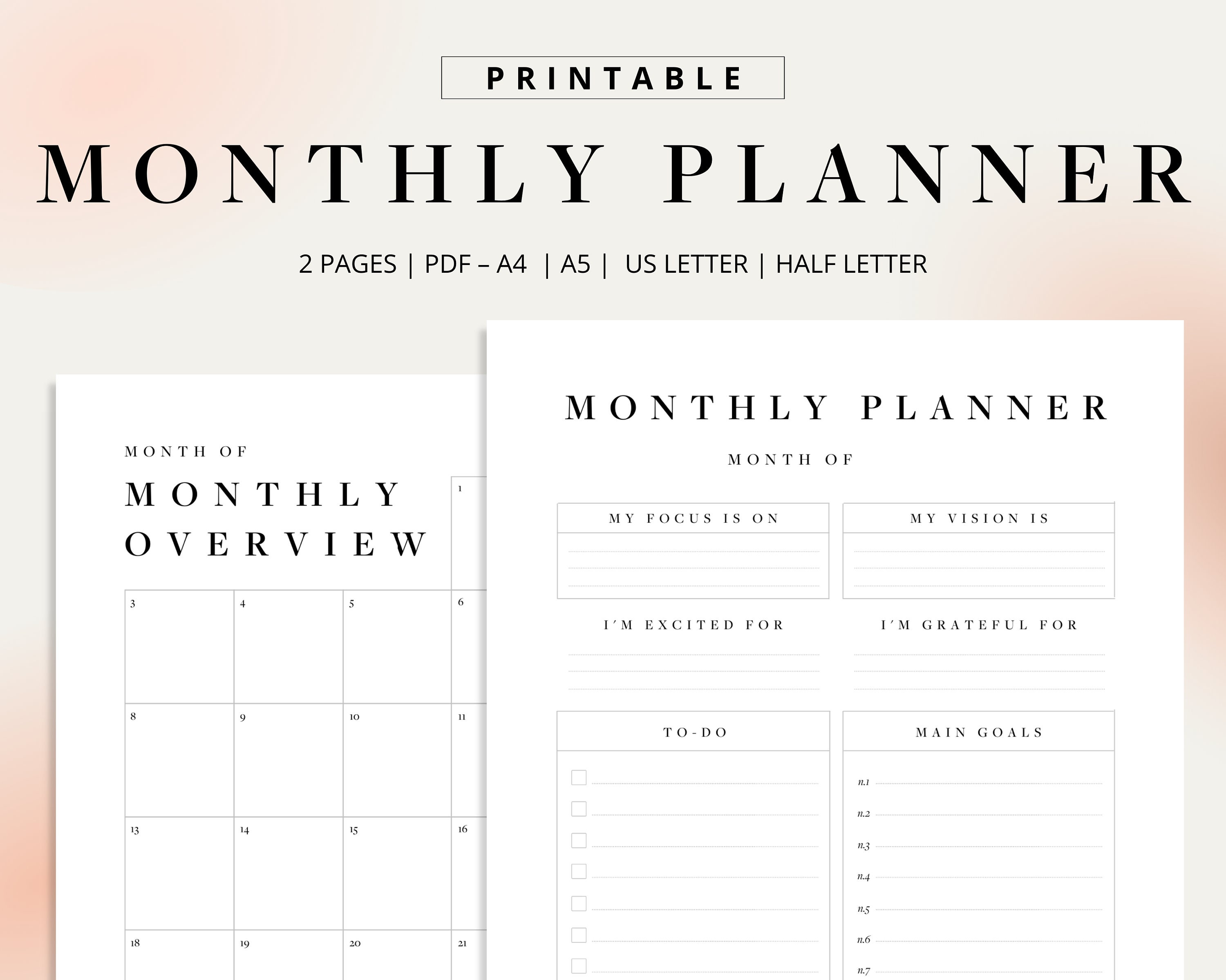 Monthly Planner Printable | Undated | Minimalist Planner Inserts ...