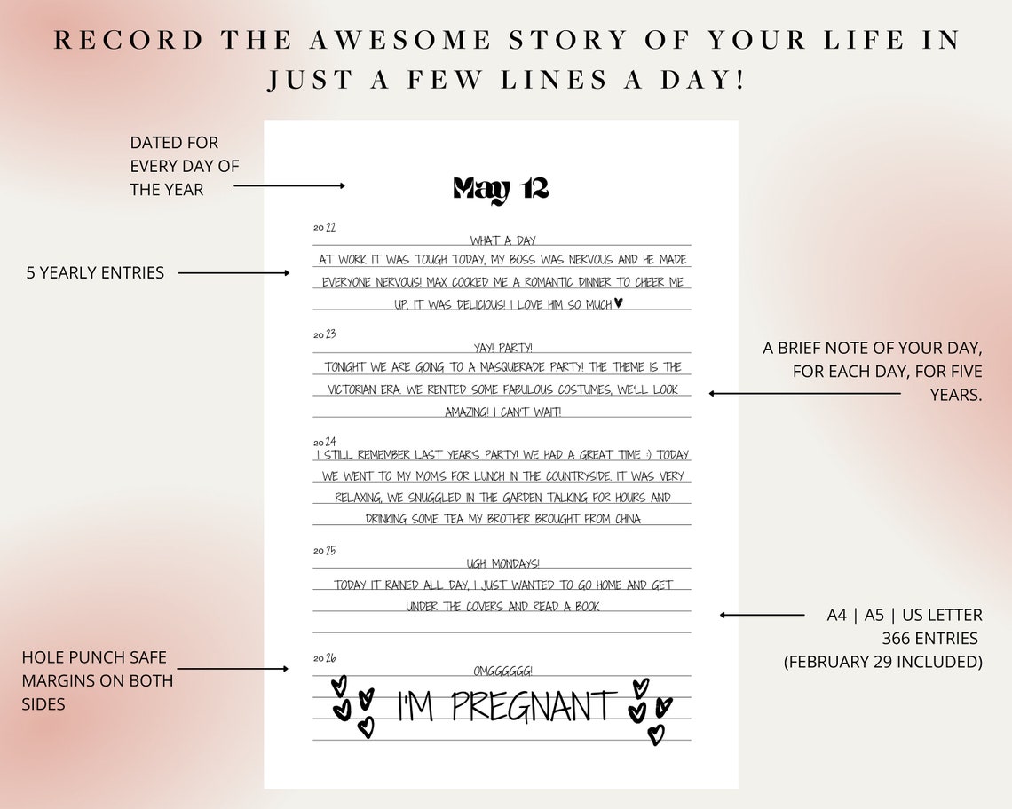 Five Years Journal Printable A Line a Day 365 Days Journal - Etsy