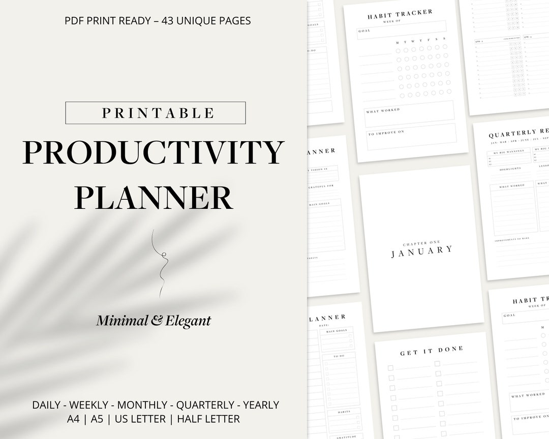 Minimal Printable Productivity Planner Bundle Daily Weekly Monthly