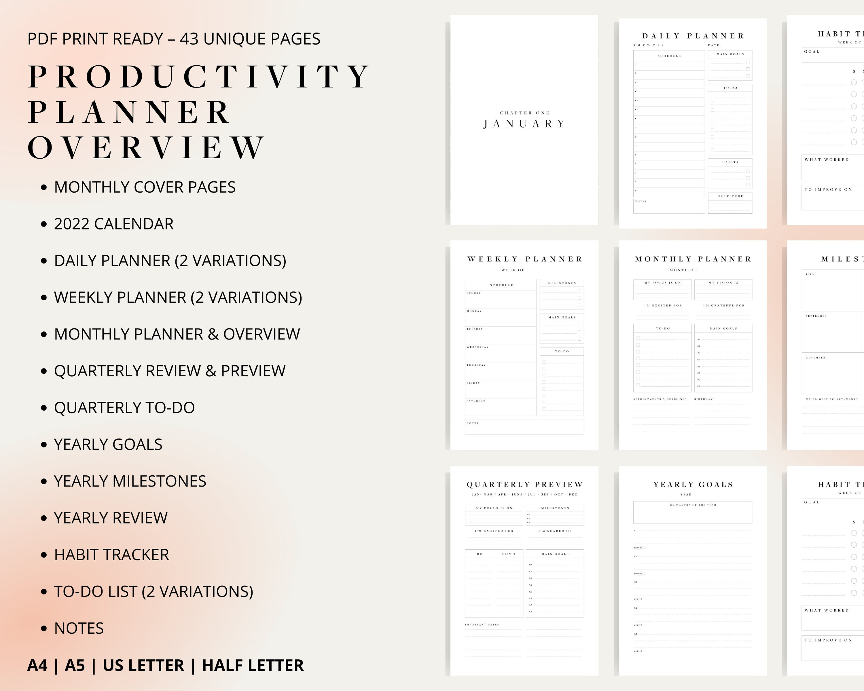 Printable Productivity Planner Bundle | Daily Weekly Monthly Quarterly ...