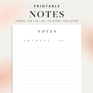 Página de notas para impressão | Página de notas pautadas | Inserção do planejador de notas | Papel para bloco de notas pautado | Inserções para impressão em tamanho carta meio tamanho A5 A4 Download de PDF