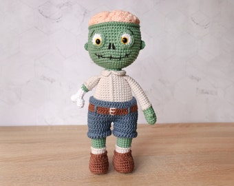 Crochet zombie amigurumi, knitted undead plush, crocheted zombie toy for halloween decor