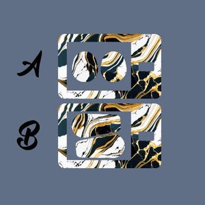 May include: Two white square frames with black and gold marble patterns. The top frame has two circles inside, one white and one black. The bottom frame has a single black and gold marble pattern inside.