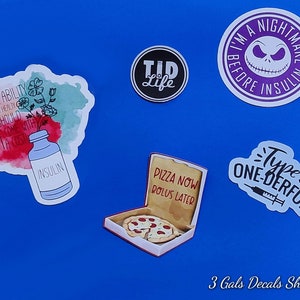 May include: Assortment of stickers featuring diabetes-related designs. One sticker features a watercolor illustration of a bottle of insulin with flowers and the text "The ability to live a healthy life should not come with a cost". Another sticker features a pizza box with the text "Pizza now, bolus later". A third sticker features a purple circle with the text "I'm a nightmare before insulin" and a cartoon image of Jack Skellington. A fourth sticker features a white circle with the text "TID Life". A fifth sticker features a white circle with the text "Type One-Derful" and a syringe.