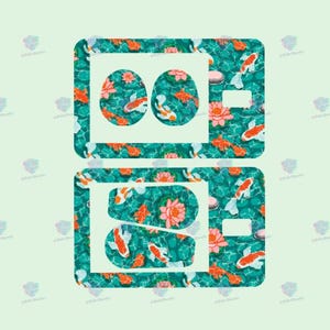 May include: Two turquoise blue square phone cases with a pattern of orange and white koi fish swimming in a turquoise blue pond with pink water lilies.
