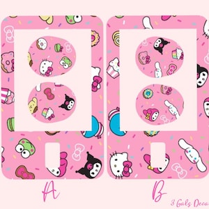 May include: Two pink and white patterned vinyl sticker sheets with Hello Kitty and Kuromi characters. The sheets are labeled "A" and "B" and have the text "3 Gals Decals".