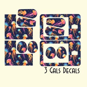 May include: Decals featuring a repeating pattern of colorful jellyfish in shades of orange, pink, and blue against a dark blue background. The text "3 GALS DECALS" is displayed in black.