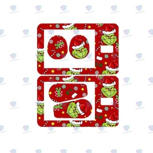 May include: Two sets of Christmas-themed stickers featuring the Grinch. The stickers have a red background with white stars and candy canes. The Grinch is wearing a Santa hat. One set has two oval stickers and the other has three rectangular stickers.