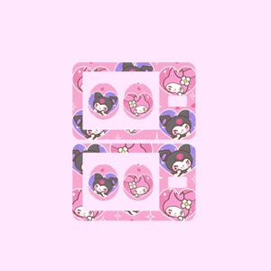 May include: Two pink and purple Nintendo Switch Joy-Con controllers with a Hello Kitty and My Melody design. The controllers feature a pink and purple background with hearts and stars. The design includes Hello Kitty and My Melody characters in various poses.