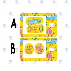 May include: Two yellow sticker sheets with a Care Bear pizza theme. The stickers feature Care Bears with pizza slices and the text "Always Fresh".