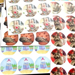 May include: A sheet of stickers with various designs, including a cat sleeping on a couch, a cat with its eyes closed, a cat with its eyes open, a bunny wearing a dress, and a cartoon character wearing a hat and coat.