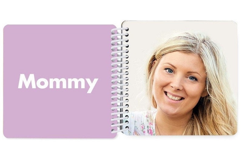 Może przedstawiać: R&oacute;żowa książka z napisem "Mommy" na okładce. Książka jest otwarta na stronie z fotografią kobiety o blond włosach, kt&oacute;ra się uśmiecha.