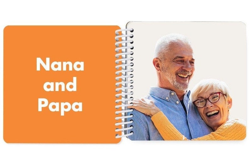 Może przedstawiać: Album ze zdjęciami z jasno pomarańczową okładką, na kt&oacute;rej widnieje napis "Nana i Papa". Album jest otwarty na stronie ze zdjęciem starszej pary, kt&oacute;ra się uśmiecha i obejmuje.