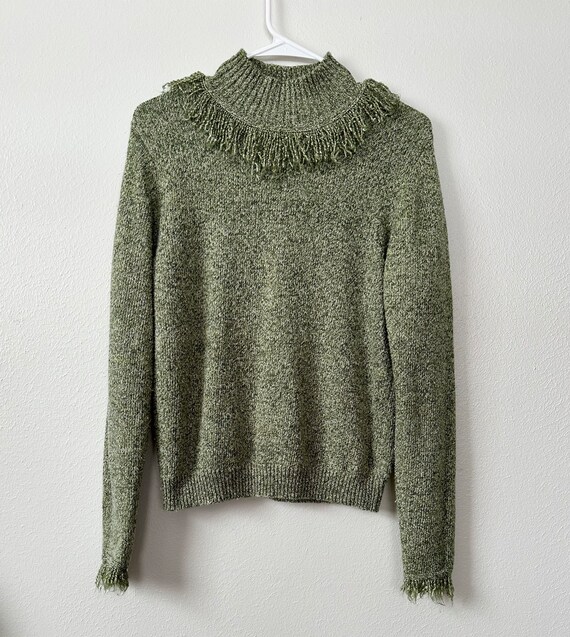 Vintage 90s Green Knit Fringe Turtleneck Sweater … - image 3