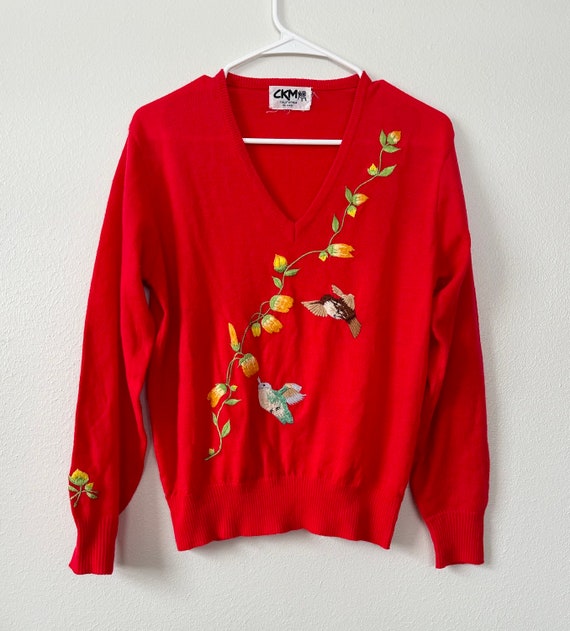 Vintage 70s/80s Red Embroidered Floral Hummingbir… - image 3