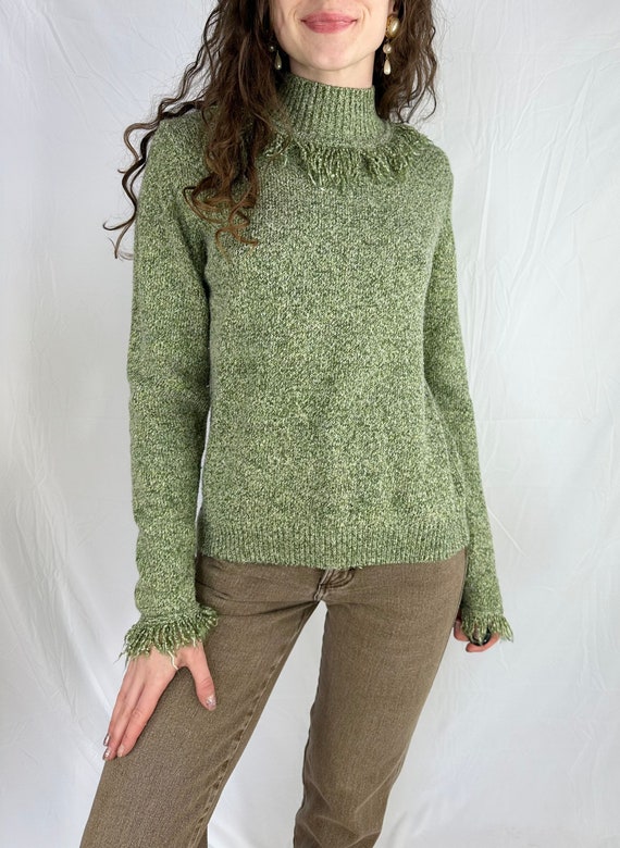 Vintage 90s Green Knit Fringe Turtleneck Sweater … - image 2