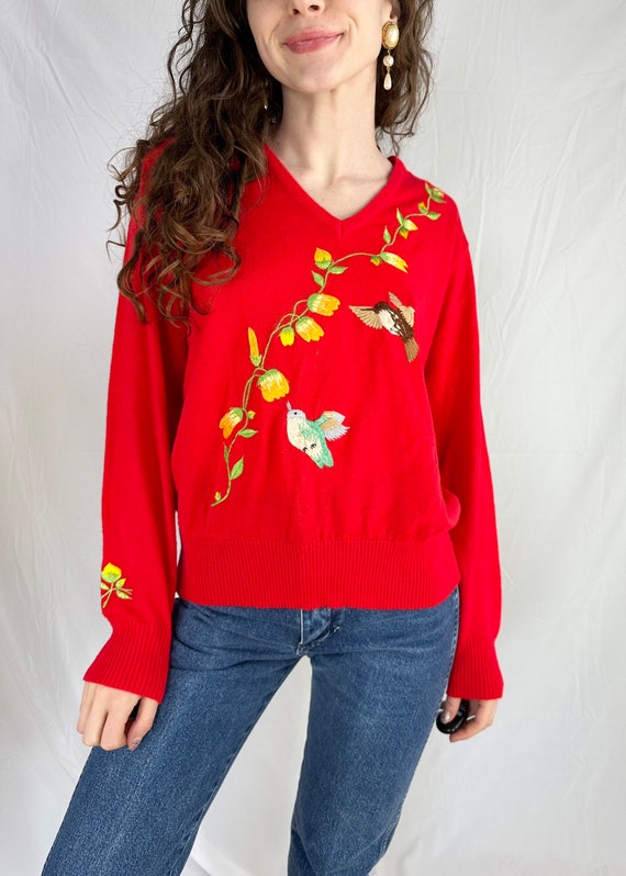 Vintage 70s/80s Red Embroidered Floral Hummingbir… - image 2