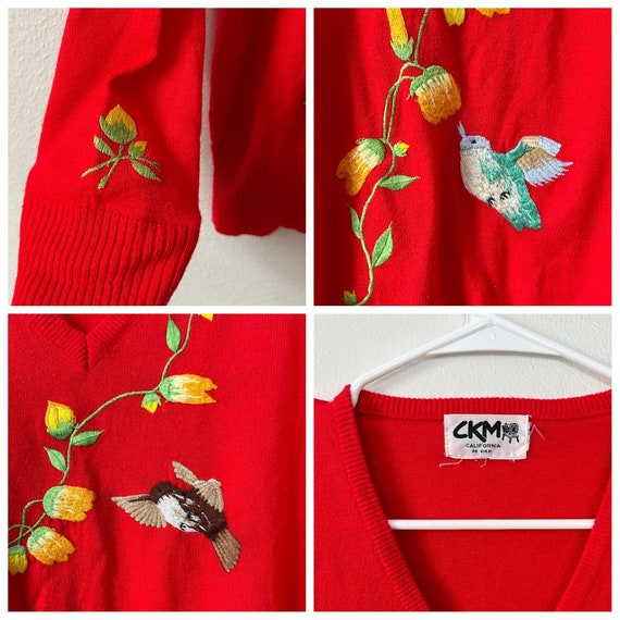 Vintage 70s/80s Red Embroidered Floral Hummingbir… - image 5