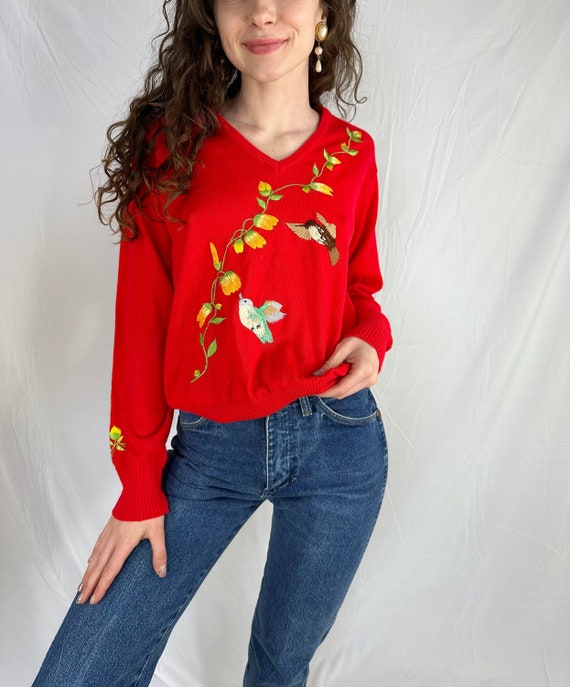 Vintage 70s/80s Red Embroidered Floral Hummingbir… - image 1
