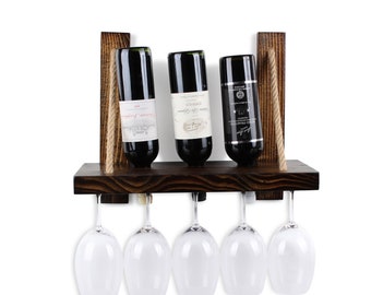 Wall Mounted Wine Rack | Wine Bottle and Glass Holder | Wine Bottle Display | Wood Wine Rack | Wine Bottle Holder | Bar Organizer