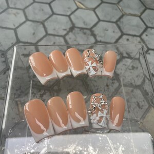 White crosses/ hand painted/custom press on nails/ hand made Press on Nails/Acrylic Nails/ Charms/ French tip/press on nails