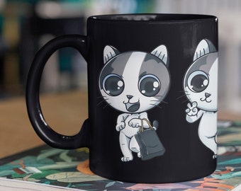 Black Mug: Two Cheeky Chibi Cats Anime Illustration By Cute Kawaii Art