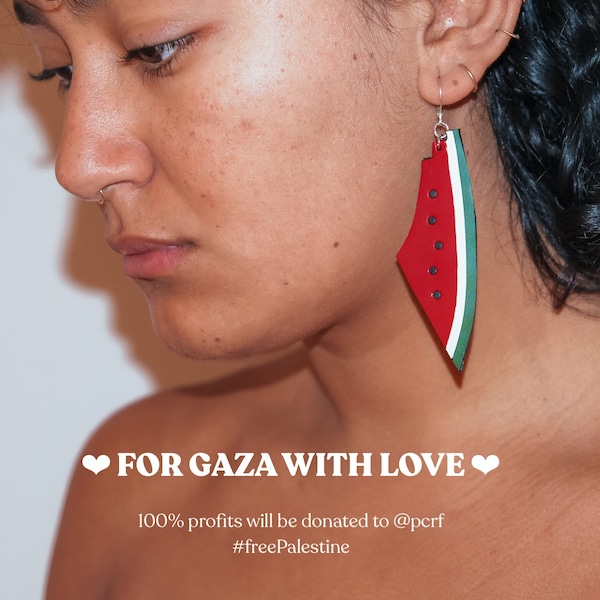 Pour Gaza avec amour | Pastèque en forme de Palestine | Boucles d'oreilles lumineuses faites main | Cuir végétalien et argent 925 | 100% des bénéfices reversés à @pcrf