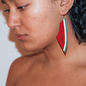 May include: A person wearing a pair of watermelon-shaped earrings. The earrings are red, green, and white and have a pointed shape.