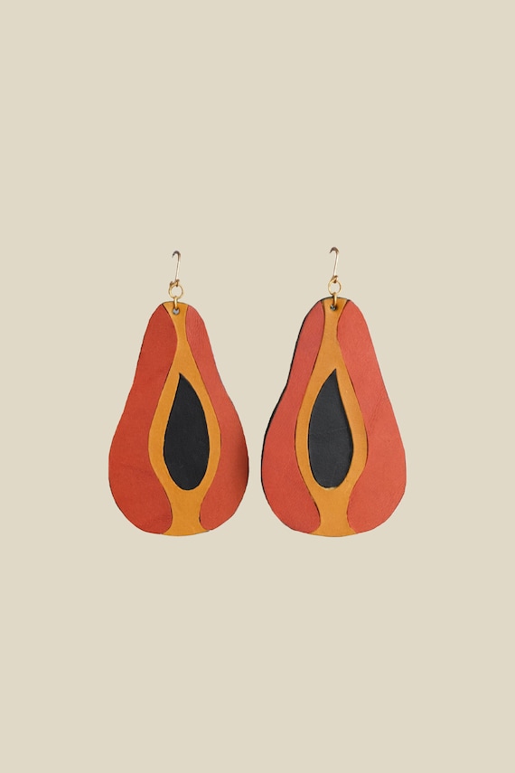 Handmade Leather Papaya Earrings: 925 Silver, Minimalist Design