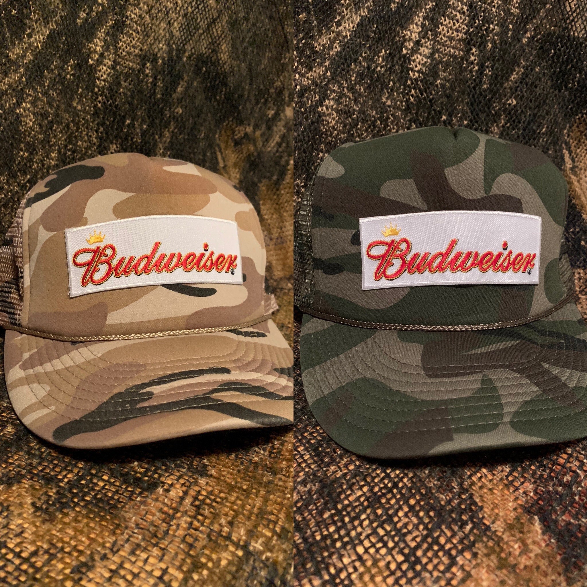 Budweiser Patch on Your Choice of Camo Vintage Rope Brim Adjustable Trucker Hat
