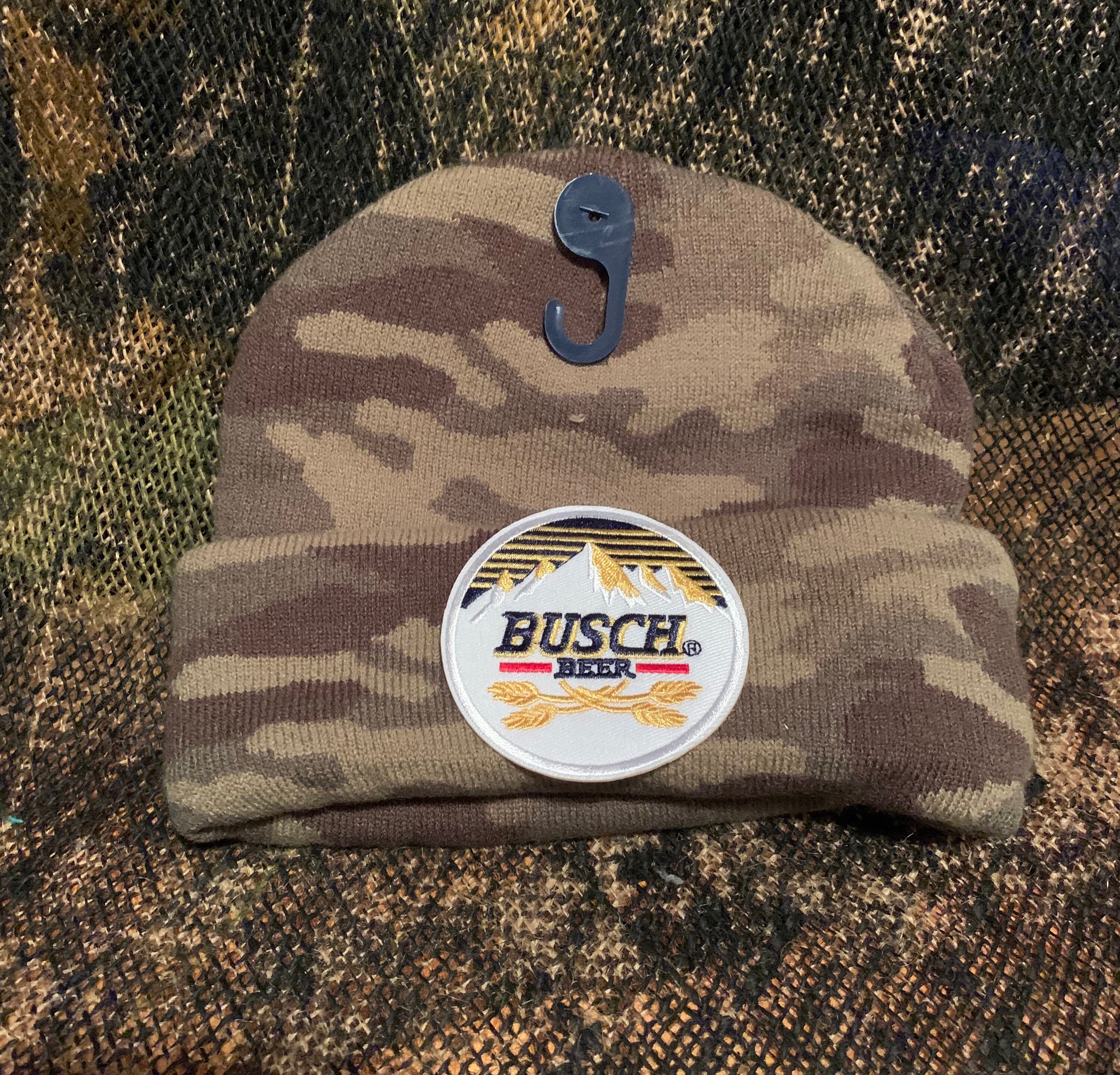 Busch Beer Patch on a Camouflage Beanie 
