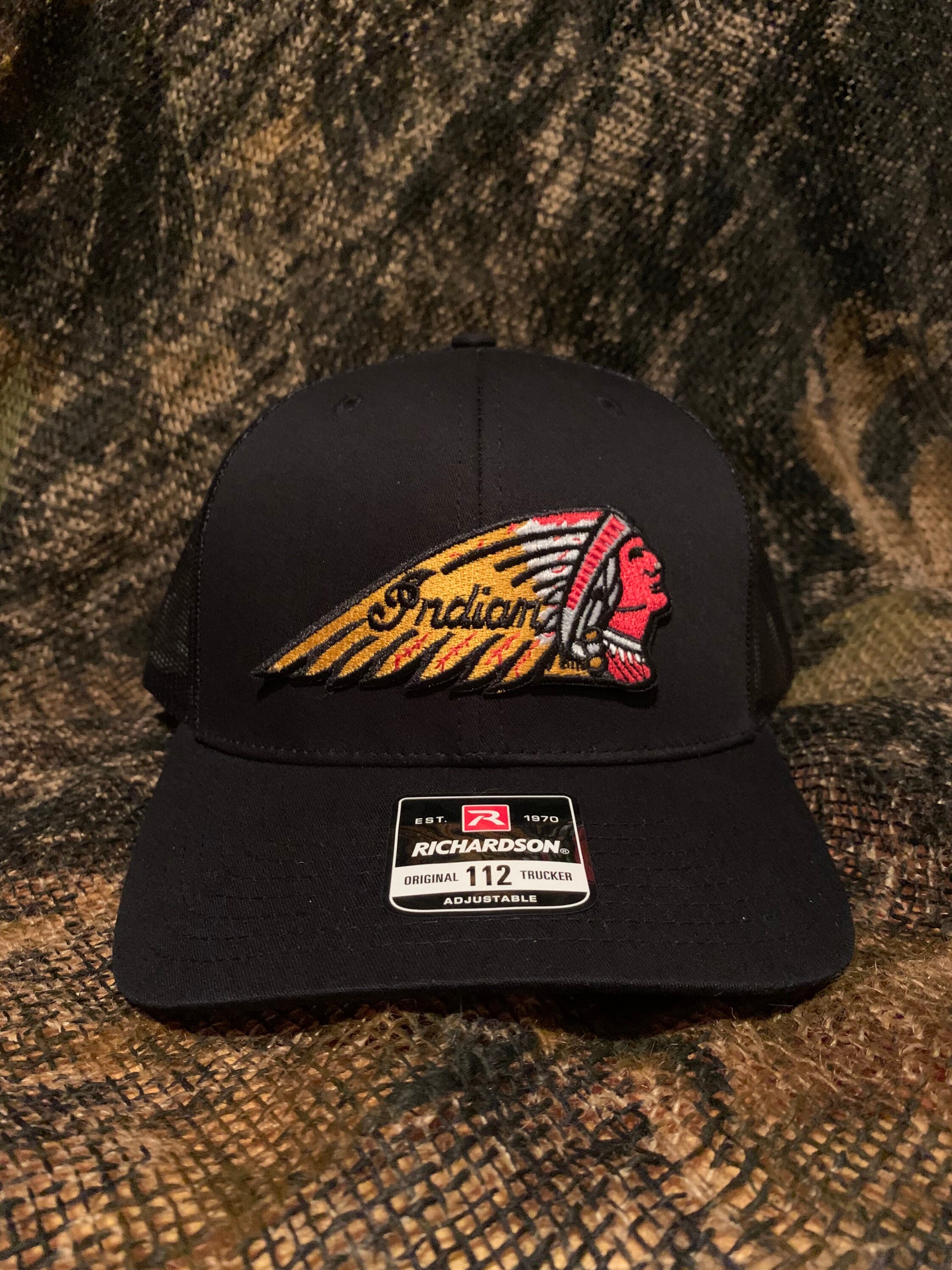 Indian motorcycle patch on a black Richardson 112 trucker | Etsy