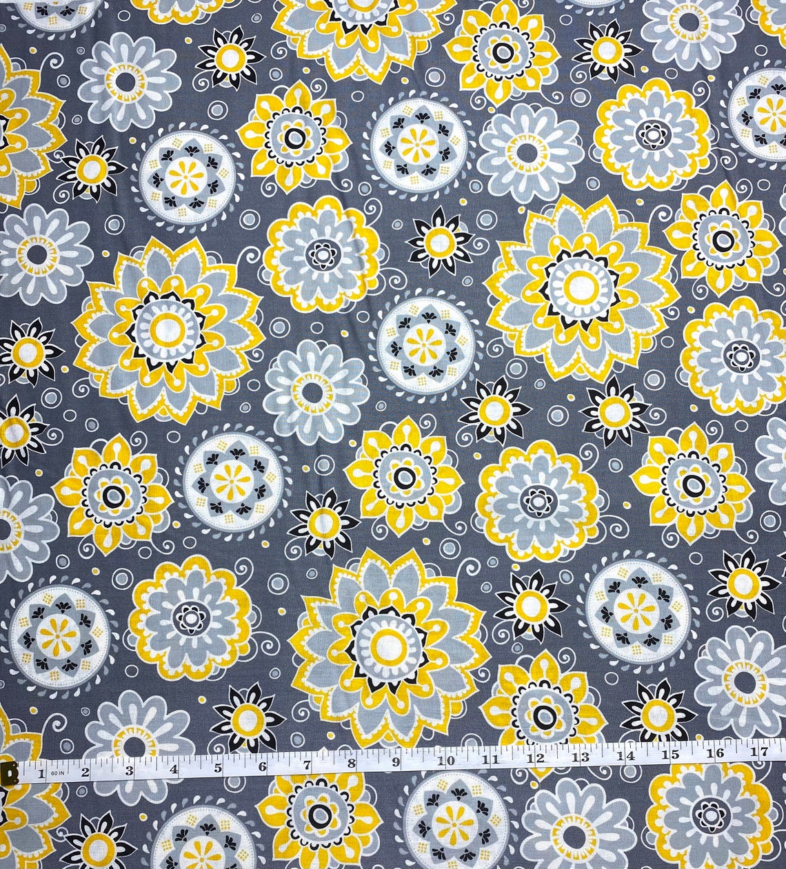 Grey Floral Print Cotton Fabric Etsy