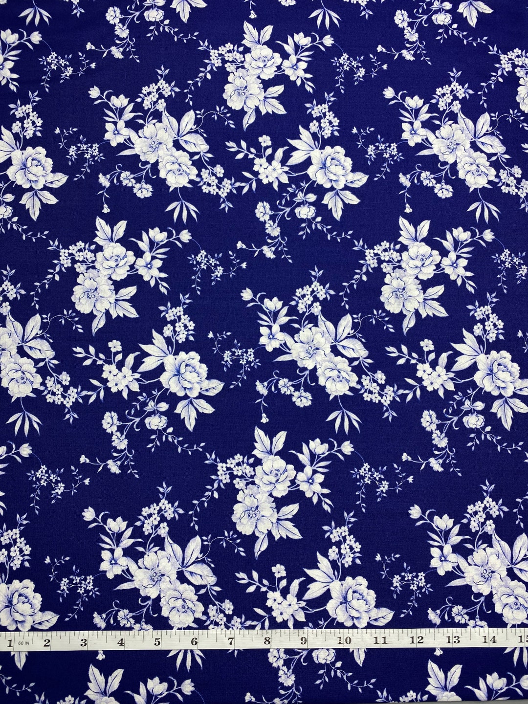 Blue and White Floral Cotton Fabric - Etsy