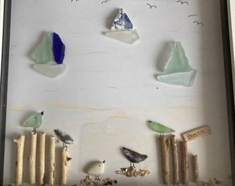 Unique seaglass,shell and pebble beach scene picture