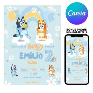 Modelo de convite de aniversário Bluey Convite de aniversário Convite para festa de aniversariante Convite para festa de aniversário Bluey Aniversariante Canva editável