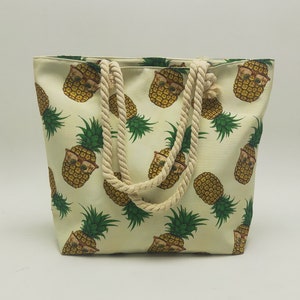 Pineapple Party Beach Bag, Summer Tote, Tropical Purse, Vacation Tote Bag, Fruit, Ocean, Rainforest, Sunglasses, Bag with Rope Handles