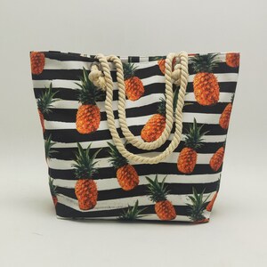 Pineapple Party Beach Bag, Summer Tote, Tropical Purse, Vacation Tote Bag, Fruit, Ocean, Rainforest, Sunglasses, Bag with Rope Handles