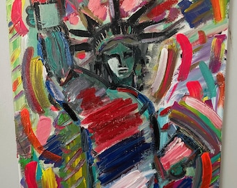 Abstract Statue of Liberty painting, abstract artwork liberty head, original paintings, Peter max original, psychedelic art paintings