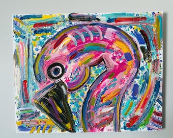 Abstract Flamingo Painting by Alex Vera, Florida Pop Art Canvas, Colorful Tropical Wall Decor, Original Modern Artwork, Florida Art