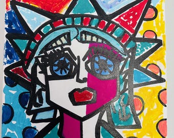 Statue of Liberty Original Painting, Liberty Head Peter Max, Liberty Artwork, Pop Art Statue of Liberty Painting, Britto Art Style Alex Vera